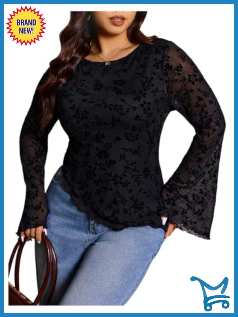 Plus Size Floral Sheer Bell Sleeve Top Long Sleeve Blouse